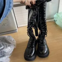 ブラックロングブーツ 厚底 編み上げ