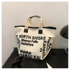 英文字ロゴデザイン ハンドバッグ 白×黒 キャンバストート 大容量 モノクロ