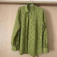 グリーン レース編み 長袖シャツ　ボタニカル