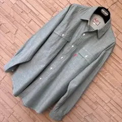 紳士ダンガリーシャツ ☆ 長袖 グリーン ポケット付き L