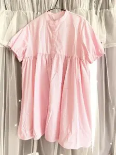Discoat ストライプピンク 半袖 シャツワンピース