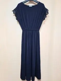 ネイビー レース袖 ロングワンピース M ウエストゴム