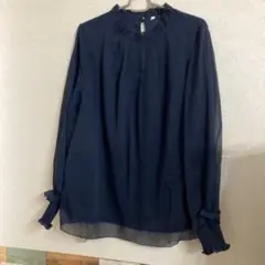 ネイビー シフォン ブラウス 長袖 フリル