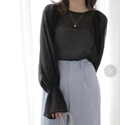 シースルーバルーンスリーブブラウス 黒