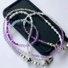 【ハンドメイド数量限定】スマホショルダーストラップ　シルバーハート×パープル