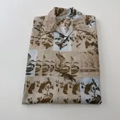 ピューリタン 総柄 ハーフジップシャツ 尖り襟 長袖 M 生成 薄茶 