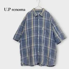 ユーピーレノマ 半袖シャツ チェック柄 コットン リネン LL ブルー系