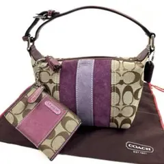 【希少】 COACH コーチ ハンドバッグ ストライプ シグネチャ パープル