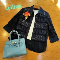 レリアン ネイビー カットワークレースパネルシャツブラウス羽織り9M