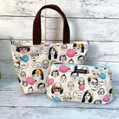 顔イラスト トートバッグ ポーチ セット ハンドメイド【092】