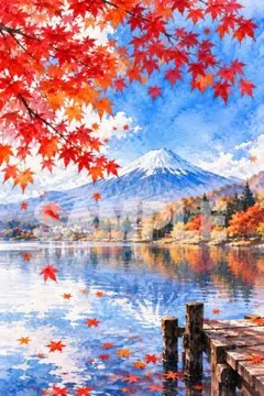 1784 紅葉と富士山 水彩風 デジタルアート 2L判 秋の風景 インテリア