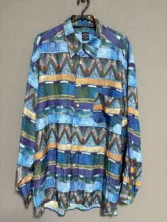 【イタリア製】90s 総柄シャツ L クレイジーパターン 幾何学 長袖シャツ 青