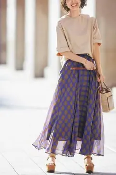 IEDIT 楊柳シフォン　大人チェック柄スカート　ブラウン Ｌ