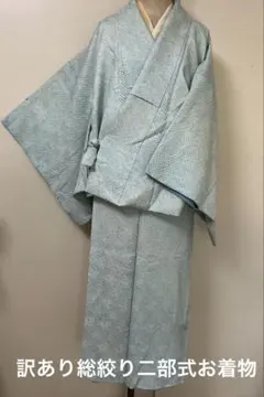 夏着物 紗 洗える小紋 墨流し文様 水色 トールサイズ 裄長め L 日本製