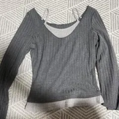 リブ編み オフショルダー 長袖トップス グレー