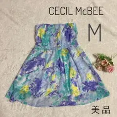 【美品】セシルマクビー 水彩柄 ベアトップ チュニック ワンピース M ブルー