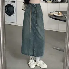 デニム スリット ロングスカート ウォッシュド ストレート