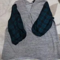 【GLISSE】グレー Vネック チェック柄 袖　トップス　異素材　Ｌサイズ