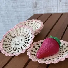 【美品】レトロ可愛い 手編みドイリー 5枚セット ピンク 縁取り レース編み