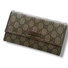 良品 GUCCI GGキャンバス ロゴプレート 長財布 Wホック ブラウン