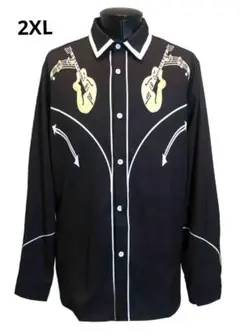 2XL ウエスタンシャツ ギター 黒 ブラック ロカビリー カウボーイ ロック