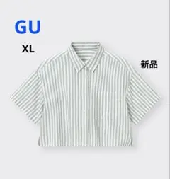 [新品]GUリネンブレンドクロップドシャツ半袖ストライプXLグリーンのサムネイル