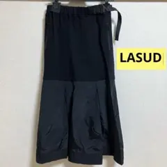 【Lasud】異素材タックデザインスカート （ブラック）