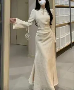 クリーム色 ホワイト ロングドレス チャイナ服 チャイナドレス