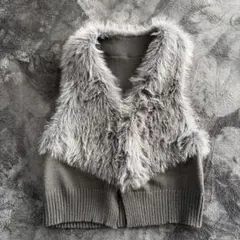 グレー ファー襟 ニットベスト