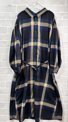 チェック柄長袖シャツワンピース