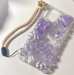 パープル 紫 リボン ハートiPhone12 ケース