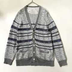 sacai✨ラミーコットン ジャカードボーダーカーディガン グレー×ネイビーのサムネイル