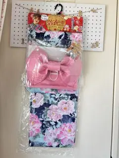 浴衣・帯セット（花柄・ピンクリボン） レディース 新品未使用品 ネイビー 紺色