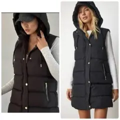 美品 ZARA フード付き 中綿ロングベスト 大きめM ブラック ゴールド金具