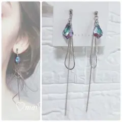 No.1233 大人可愛いオーロラガラス　雫ロングチェーンシルバー　ハンドメイド