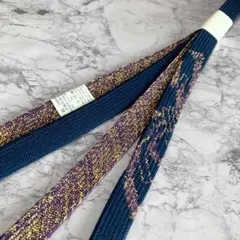 【未使用】絹 帯締め☆高麗組 平組 藍色（濃青）×紫×金糸 Mサイズ 組紐