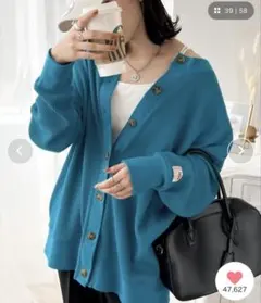 《JaVaジャバ コラボ》ワッフル　カーディガン　ブルー