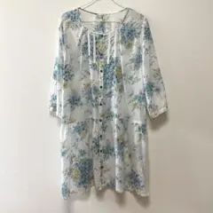 花柄　シャツワンピース　チュニック 7分袖　薄手　インド製　ロングブラウス
