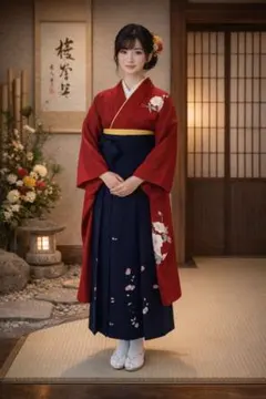 赤花柄振袖セット 成人式 卒業式 袋帯等付き 155〜160cm 袴付き★