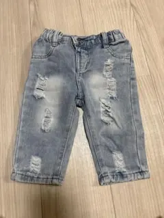 薄いデニム色 ダメージ加工 ボトムス 80