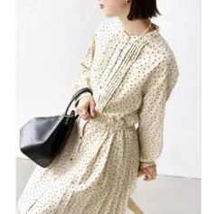 美品】SHIPS ドット 花柄 サイド プリーツ フレンチスリーブワンピース