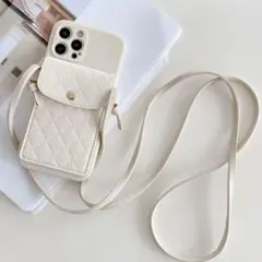 iPhoneXR iPhoneケース オフホワイト キルト ショルダー カード