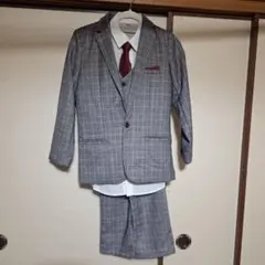 キッズ スーツセット 170cm グレー系チェック白シャツセット　卒業式