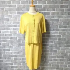 美品 ニット セットアップ イエロー L 半袖カーディガン ＆ スカート 春