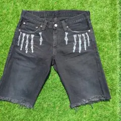 Levi's 505 ブラックデニム　カットオフ 骨プリント W30 L33