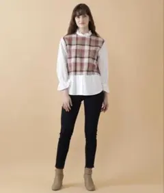 ブルーレーベルクレストブリッジ チェック ツイード 切り替え ブラウス フリル