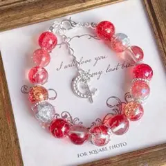 【B-310】レッドマーブルカラー　ガラスビーズブレスレット