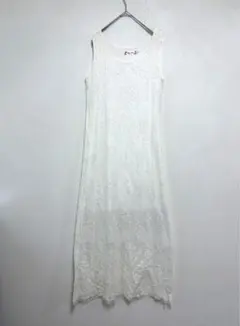 ホワイト レースロングワンピース ノースリーブ M ストレートシルエット 裏地付