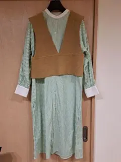 LEPSIM 緑のストライプ シャツワンピース