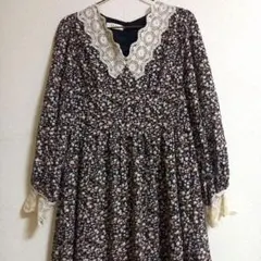 【レトロ】 LU LU 小花柄 ロングワンピース Vネック レース切替 裏地付